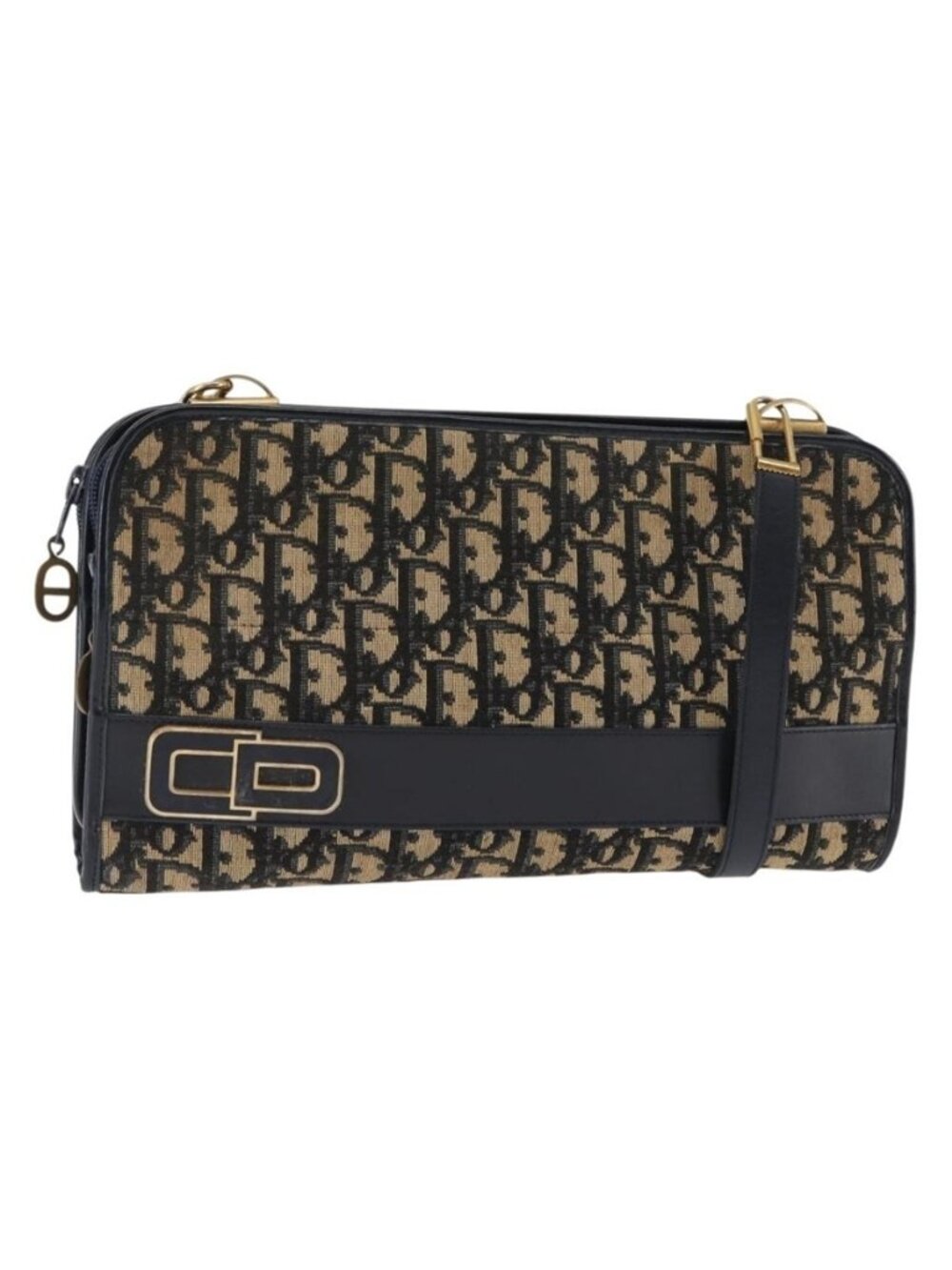 Authentic Christian Dior Trotter Canvas Shoulder Bag Navy Gold